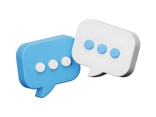 Fototapeta premium Digital Dialogue Bubbles: Two 3D chat bubbles interlock, the blue and white forms symbolizing communication, interaction, and the dynamic flow of ideas.