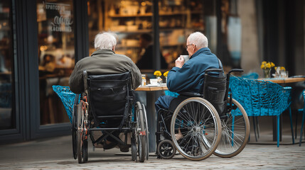 Obraz premium Full length profile shot of two disabled elderly men in wheelchairs drinking coffee at a cafe