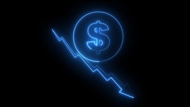 Neon dollar Business Graph Chart Icon Animation. Glowing down arrow with dollar sign. down arrow stocks graph animation with neon line. market crash, ideal for business analytics and finance.