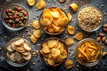 Fototapeta premium Assortment of crispy potato chips and snacks in glass bowls overhead view