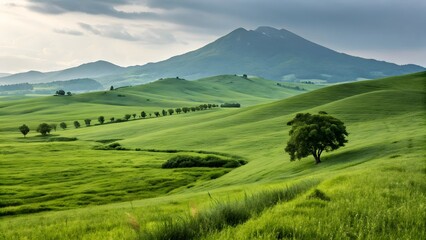 Obraz premium Rolling green hills and majestic mountain under a cloudy sky