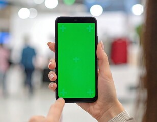 Hand holds phone displaying green screen in blurred shopping mall