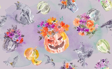 Watercolor seamless Halloween pattern with pumpkins, jack-o'-lanterns, black cats, bats, and floral arrangements in vases. Hand-painted Halloween motif textile design. Halloween wallpaper.