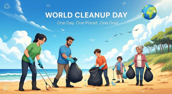 Family cleaning up beach for world cleanup day protecting the planet together