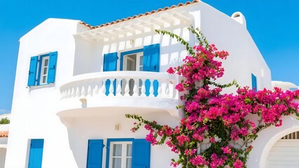 Fototapeta premium White Mediterranean Balcony with Blue Shutters and Bougainvillea