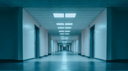 A long hospital hallway with glowing ceiling lights, creating depth and a cool-toned atmospheric effect.