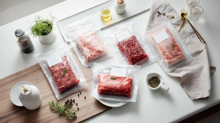 A rustic kitchen table displaying vacuum-packed meat cuts from a small family business.