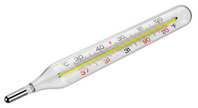 Close up of a glass mercury thermometer on a black background - Powered by Adobe