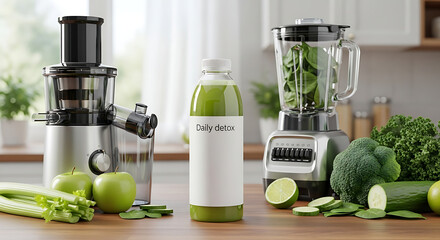 Green juice bottle flanked by juicer and blender, with fresh produce.