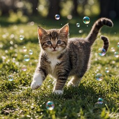 Adorable baby cats chasing bubbles in a sunny park, clear with a beautiful background
