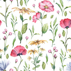 Square seamless pattern with cute watercolor wild flowers - poppy, yellow flowers, daisy, pink blossom buds, green leaves. Hand painted design for floral clothes, textile, backgrounds, wallpapers