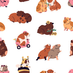 Repeatable pattern of funny guinea pigs relaxing, eating and having fun. Endless background of cute cavies sleeping together. Little pets, baby domestic animals. Flat seamless vector illustration