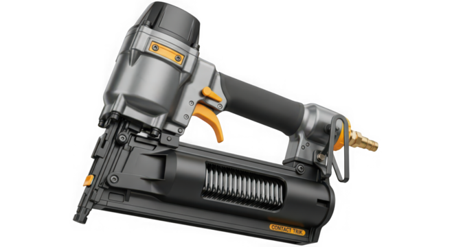 Professional pneumatic brad nailer tool on black background
