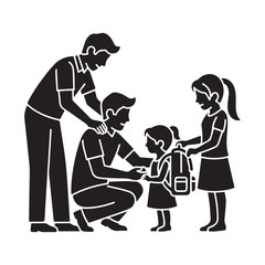 Father and children with backpacks ready for school