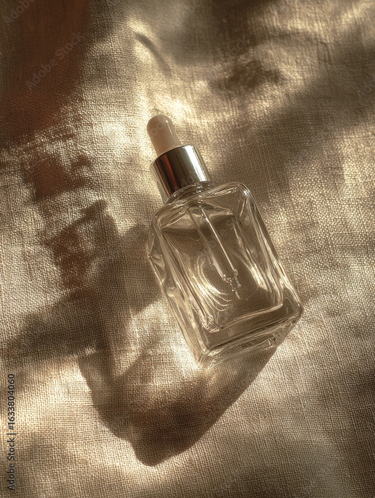 Poster elegant glass dropper bottle resting on a textured fabric with soft light creating gentle shadows in