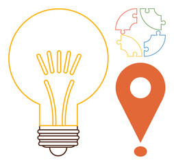Lightbulb for innovation, colorful puzzle pieces for collaboration, and location marker for pinpointing ideas. Ideal for teamwork, strategy, planning, problem-solving, brainstorming, creativity