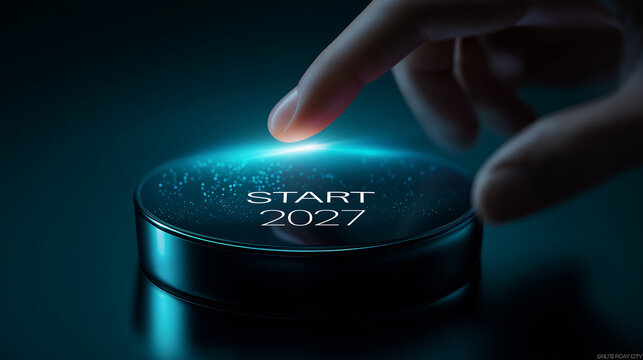 Eleganter 2027-Button mit Neonbeleuchtung wird von einem Finger aktiviert