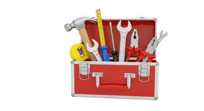 Red toolbox filled with various hand tools on a black background - Powered by Adobe