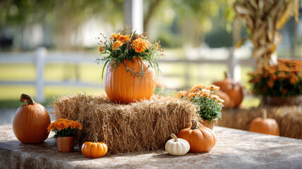 A beautiful autumn Thanksgiving table setting with pumpkins and flowers, creating a cozy atmosphere.