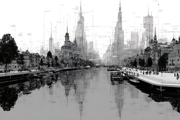 Fototapeta premium Architectural Cityscape Sketch River Reflection Black and White