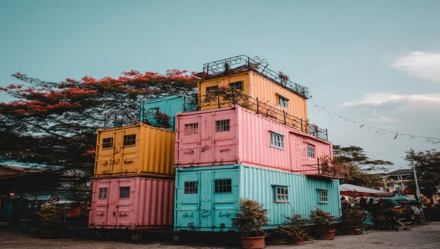 Colorful shipping containers stacked into a multi-level building, amidst trees and a partly cloudy sky
