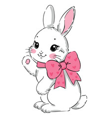 Hand drawn cute white rabbit vector illustration with pink bow, cartoon bunny for kids