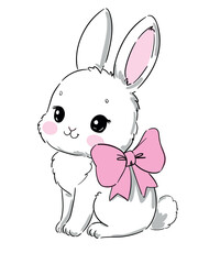 Hand drawn cute white rabbit vector illustration with pink bow, cartoon bunny for kids