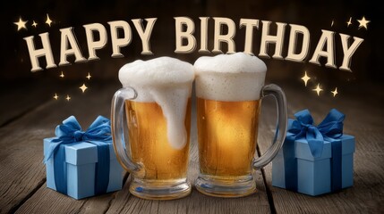 Pair of beer glasses with foam on top and a box of gifts in the background. The image is meant to convey a sense of celebration and joy, as it is a happy birthday