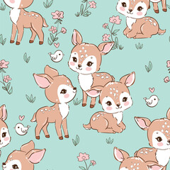 Hand drawn seamless pattern with baby deer and flowers vector, cute woodland animals