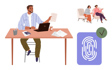 Man examines documents at desk with a laptop, smartphone, and reports. Nearby discussion group and fingerprint with checkmark convey security, teamwork, workplace identity. Ideal for tech, security