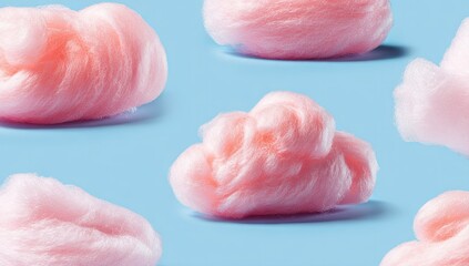 Pink cotton candy clouds arranged in a pattern on a light blue background