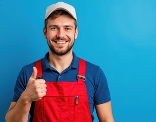plumber repairman worker in overalls smiling and holding thumb up on blue background.