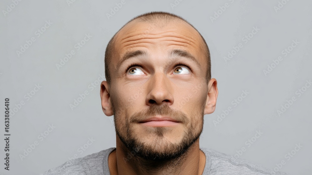 Aufkleber man with a shaved head and a beard is looking up at the camera. he has a serious expression on his f