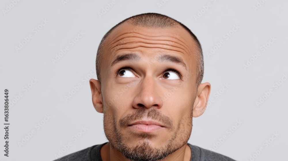 Poster man with a shaved head and a beard is looking up at the camera. he is deep in thought or contemplati
