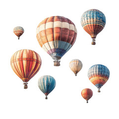 Obraz premium Colorful hot air balloons float over a sunrise landscape, ideal for travel posters
