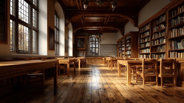 Minimalist library reading room with wooden desks, tall white wall for text placement and natural daylight, ideal for quiet study and educational design usage