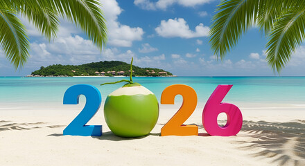 Tropical beach scene with 2026 text and green coconut zero