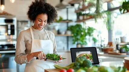 Smiling chef adding modern to a healthy salad she's preparing, following an online recipe on her laptop in a vegetables kitchen