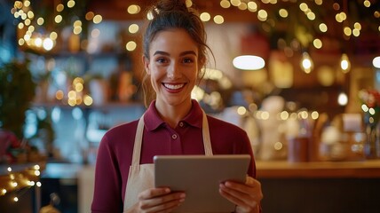 Smiling restaurant worker using illuminated tablet, navigating festive dining space customer by warm christmas lighting, delivering attentive digital service
