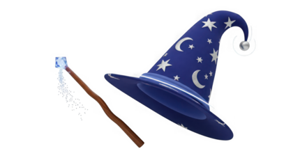 Enchanting blue wizard hat and wand with celestial designs
