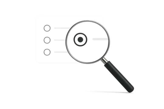 Magnifying glass with options highlighting radio button interface on transparent background