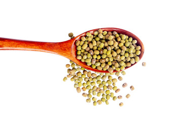 wooden spoon with mung beans isolated on white background