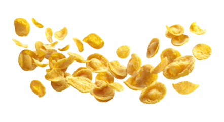 Cereal, cornflakes, or pita chips falling in the air isolated on a transparent background