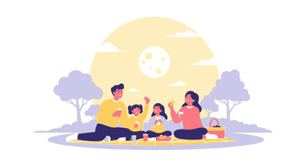 Family Enjoying Mid Autumn Festival Picnic Under The Full Moon With Parents