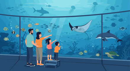 Family Enjoying Marine Life Wonders at Aquarium Vector Illustration
