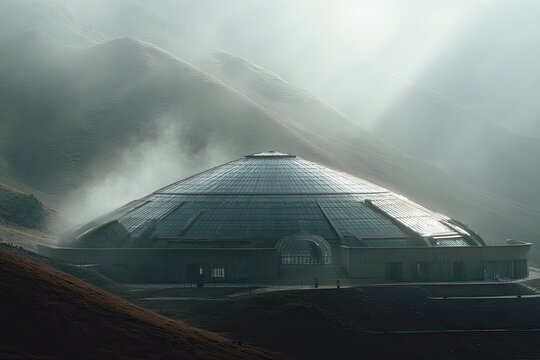 Dome-shaped structure on a misty mountain pass