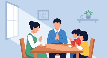 Family Expressing Gratitude Together At Table Before Meal Time At Home