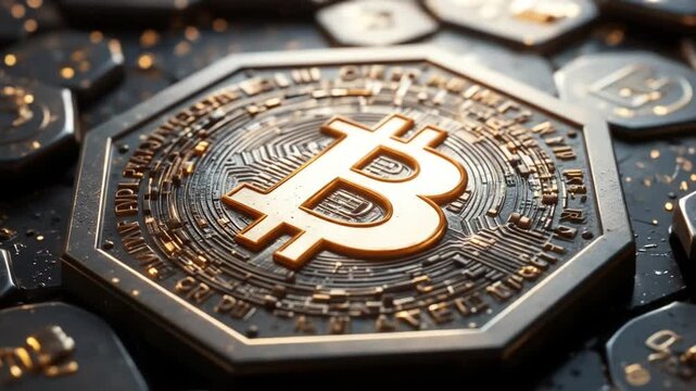 The Bitcoin icon is engraved on a metal hexagonal base background. The cryptocurrency symbol glows on an abstract digital surface. 4k video