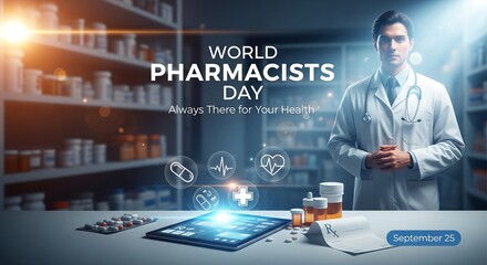 Dedicated pharmacist in modern pharmacy celebrating world pharmacists day with digital health icons