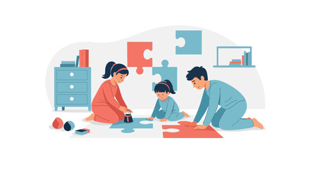 Family Fun Together Time With Puzzle At Home Educational Illustration